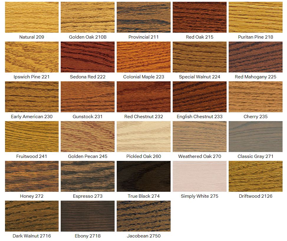 Minwax Wood Finish color reference chart: Natural, Golden Oak, Provincial, Red Oak, Puritan Pine, Ipswich Pine, Sedona Red, Colonial Maple, Special Walnut, Red Mahogany, Early American, Gunstock, Red Chestnut, English Chestnut, Cherry, Fruitwood, Golden Pecan, Pickled Oak, Weathered Oak, Classic Gray, Honey, Espresso, True Black, Simply White, Driftwood, Dark Walnut, Ebony, Jacobean