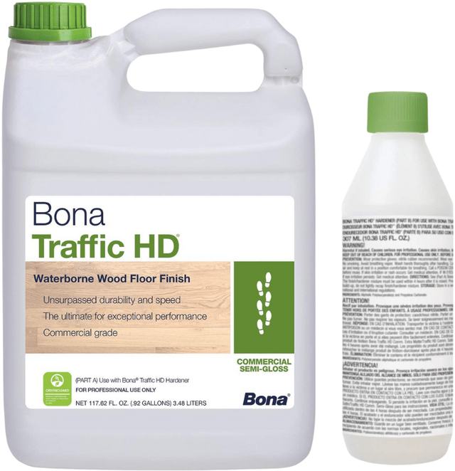 Bona Traffic HD commercial-grade waterborne floor finish, gallon jug with its hardener bottle