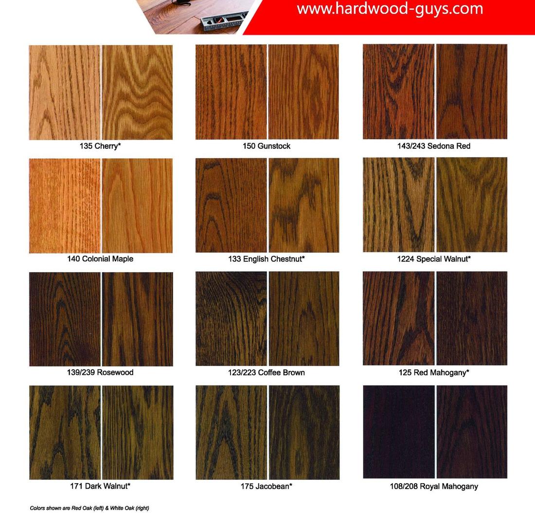 Stain color chart 1 of 3: Cherry, Gunstock, Sedona Red, Colonial Maple, English Chestnut, Special Walnut, Rosewood, Coffee Brown, Red Mahogany, Dark Walnut, Jacobean, Royal Mahogany -- shown on Red Oak (left) and White Oak (right)