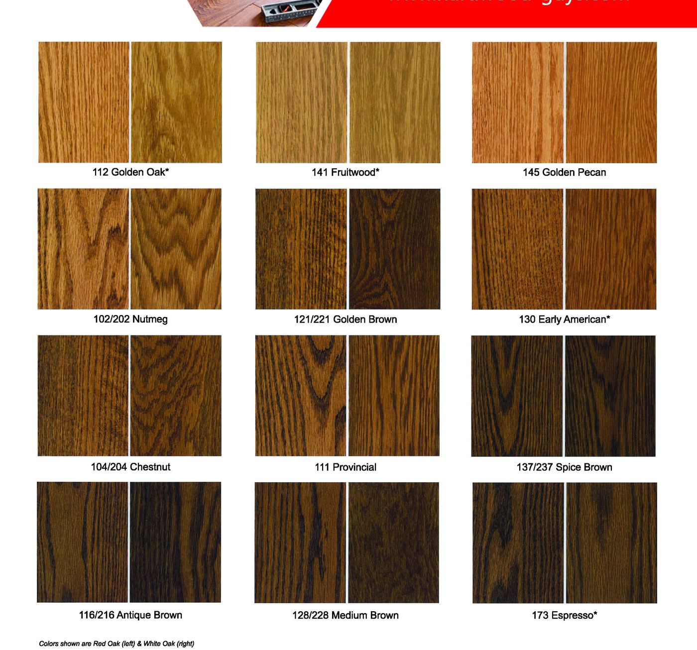 Stain color chart 2 of 3: Golden Oak, Fruitwood, Golden Pecan, Nutmeg, Golden Brown, Early American, Chestnut, Provincial, Spice Brown, Antique Brown, Medium Brown, Espresso -- shown on Red Oak (left) and White Oak (right)