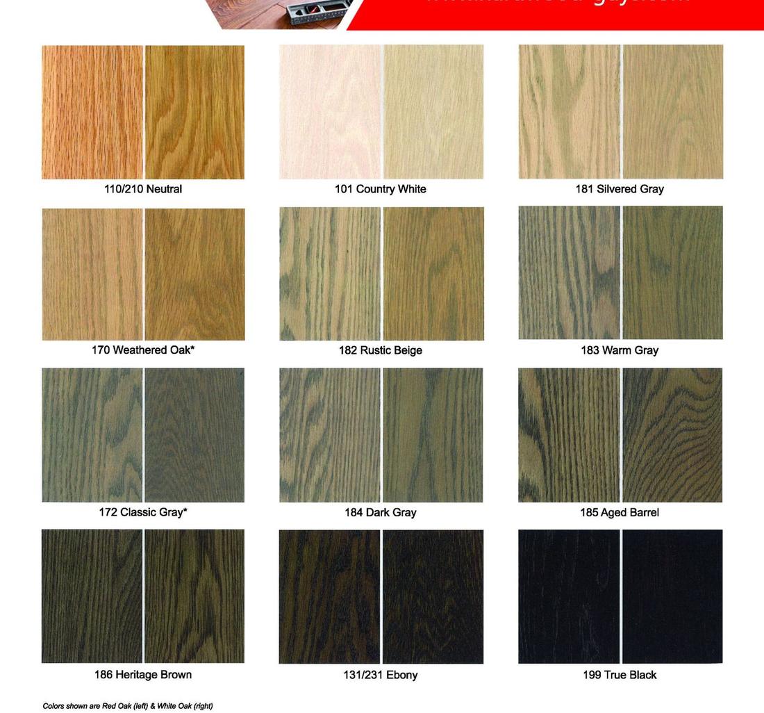 Stain color chart 3 of 3: Neutral, Country White, Silvered Gray, Weathered Oak, Rustic Beige, Warm Gray, Classic Gray, Dark Gray, Aged Barrel, Heritage Brown, Ebony, True Black -- shown on Red Oak (left) and White Oak (right)