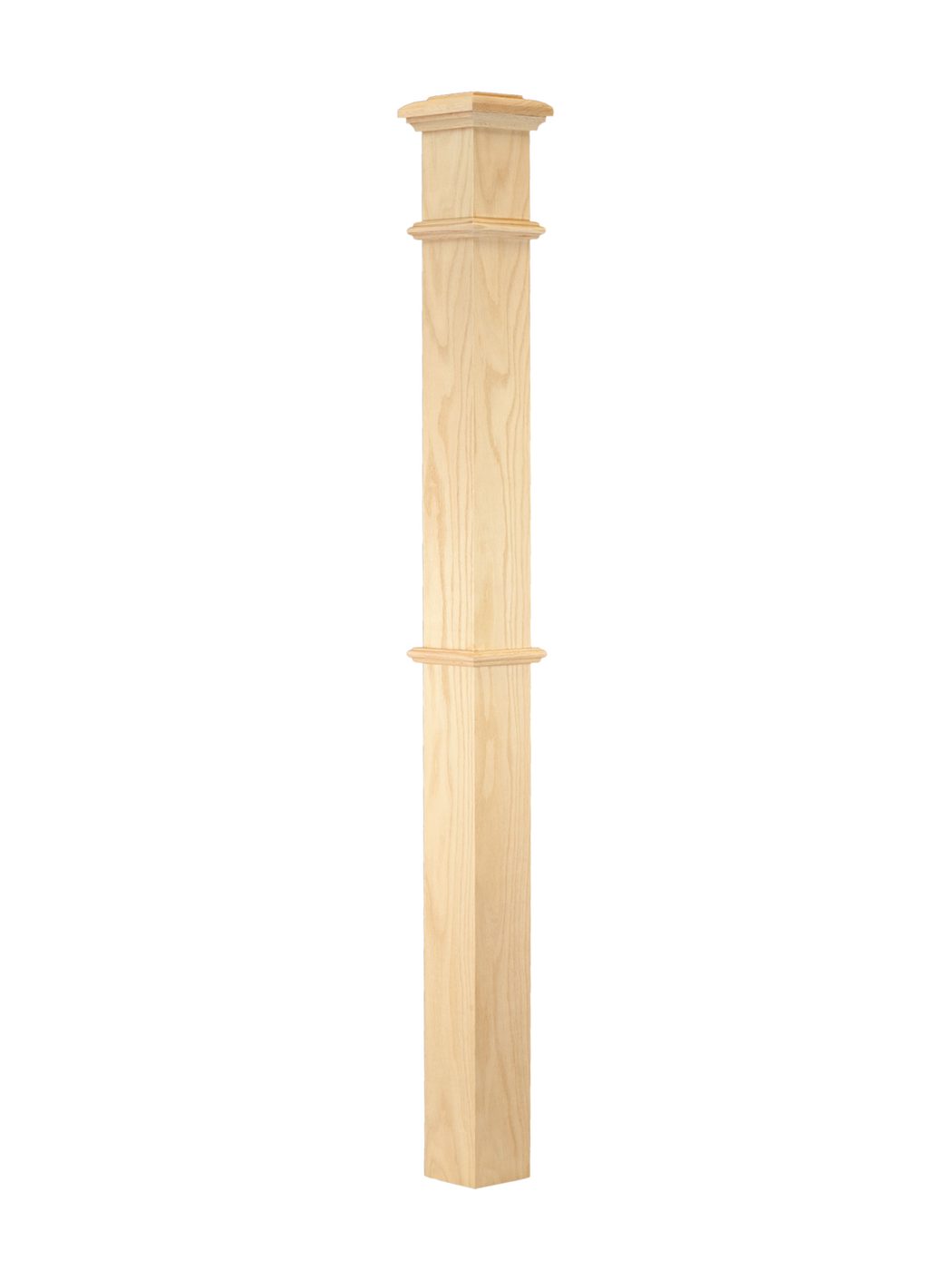 Square red oak box newel post with a molded base ring, unfinished
