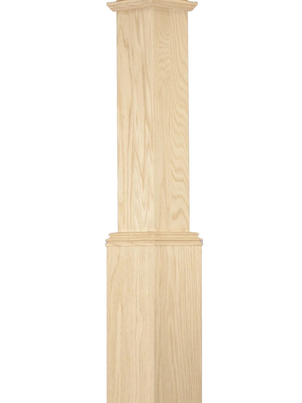 Adjustable red oak box newel post with a wide 5-inch base, unfinished