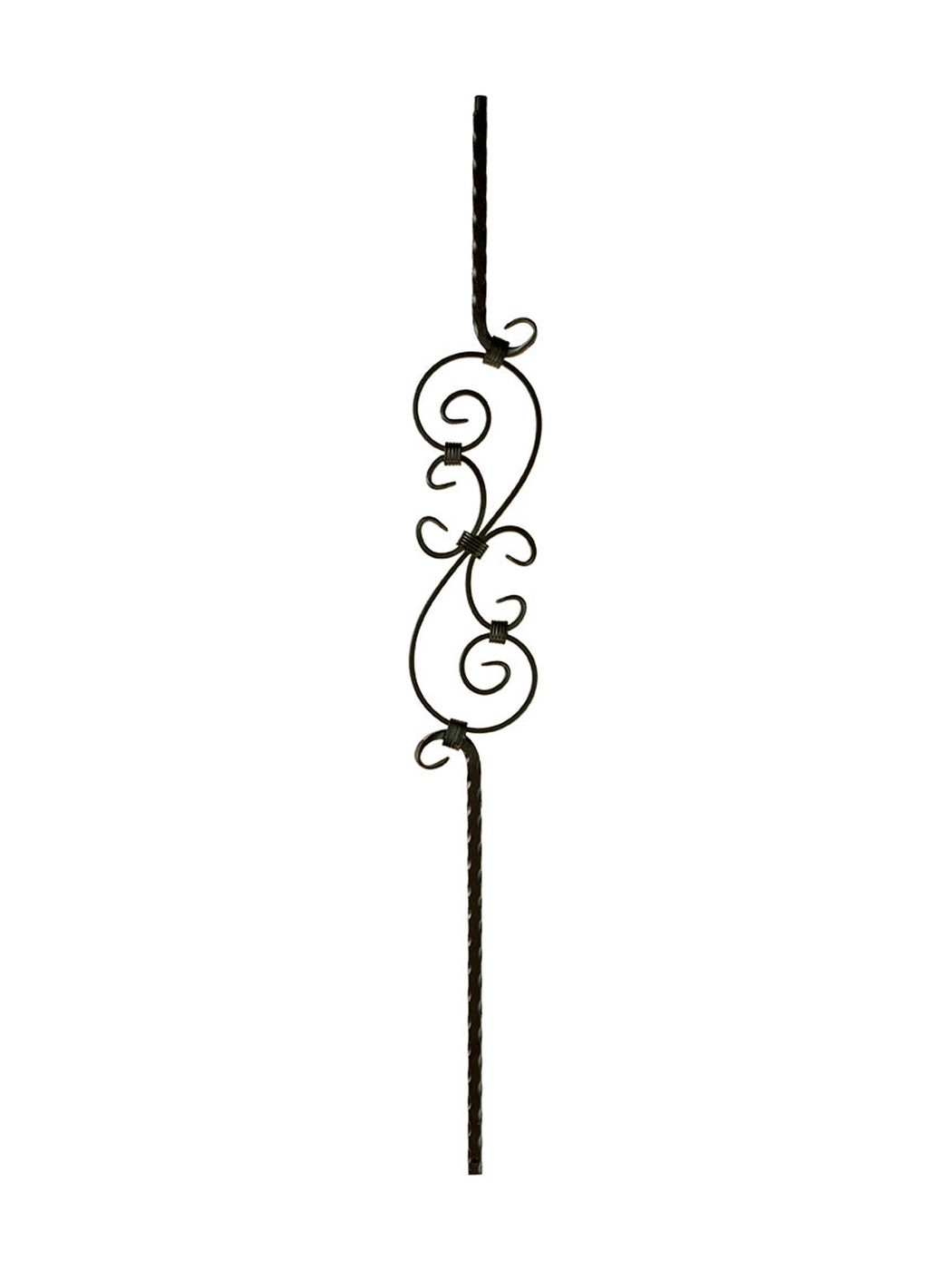Three satin-black wrought iron balusters with decorative scroll and swirl ironwork along the shaft
