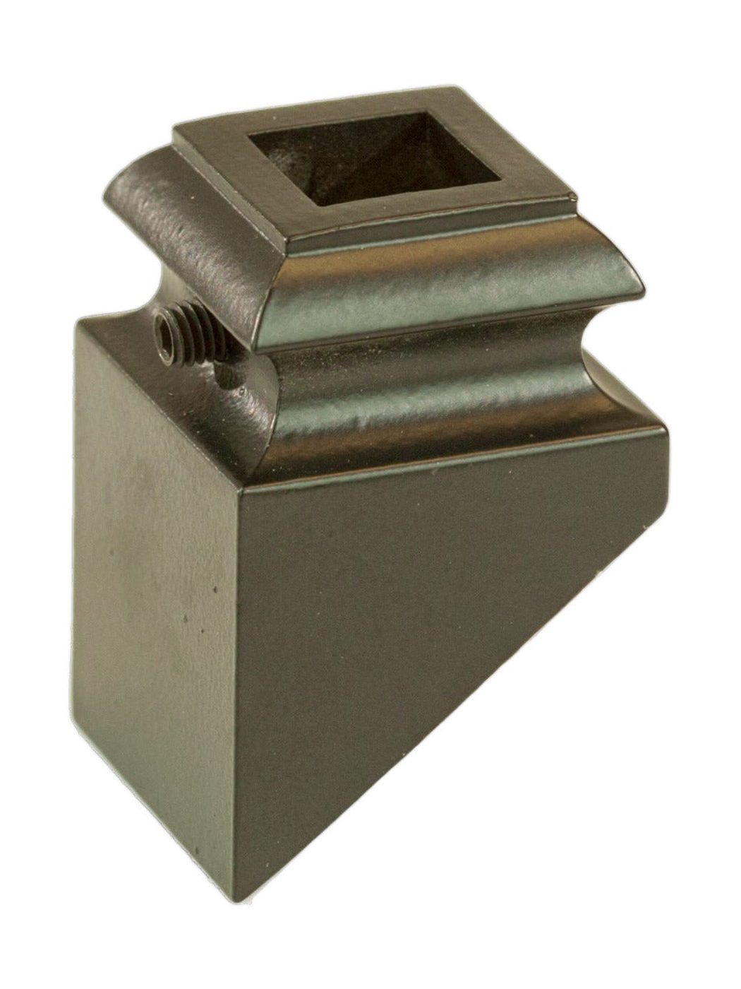 Angled pitch iron baluster shoe with a set screw, satin black