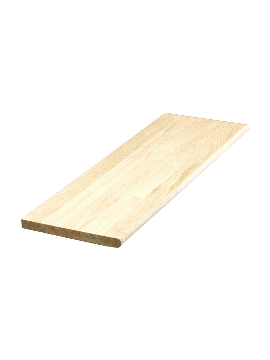 Solid red oak stair tread with a rounded bullnose front edge, unfinished