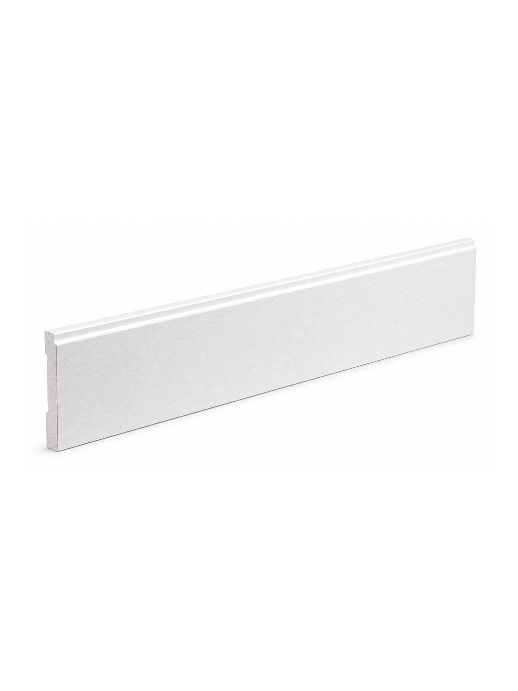 White-primed stair skirtboard with a routed decorative groove along the top edge