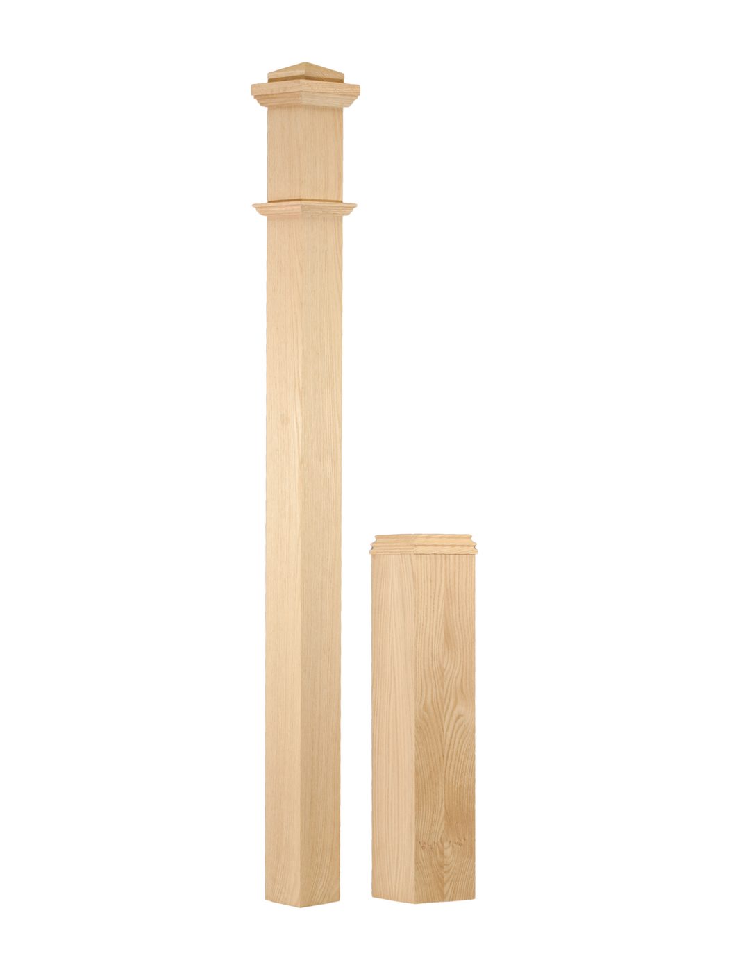Adjustable white oak box newel post with a square paneled shaft
