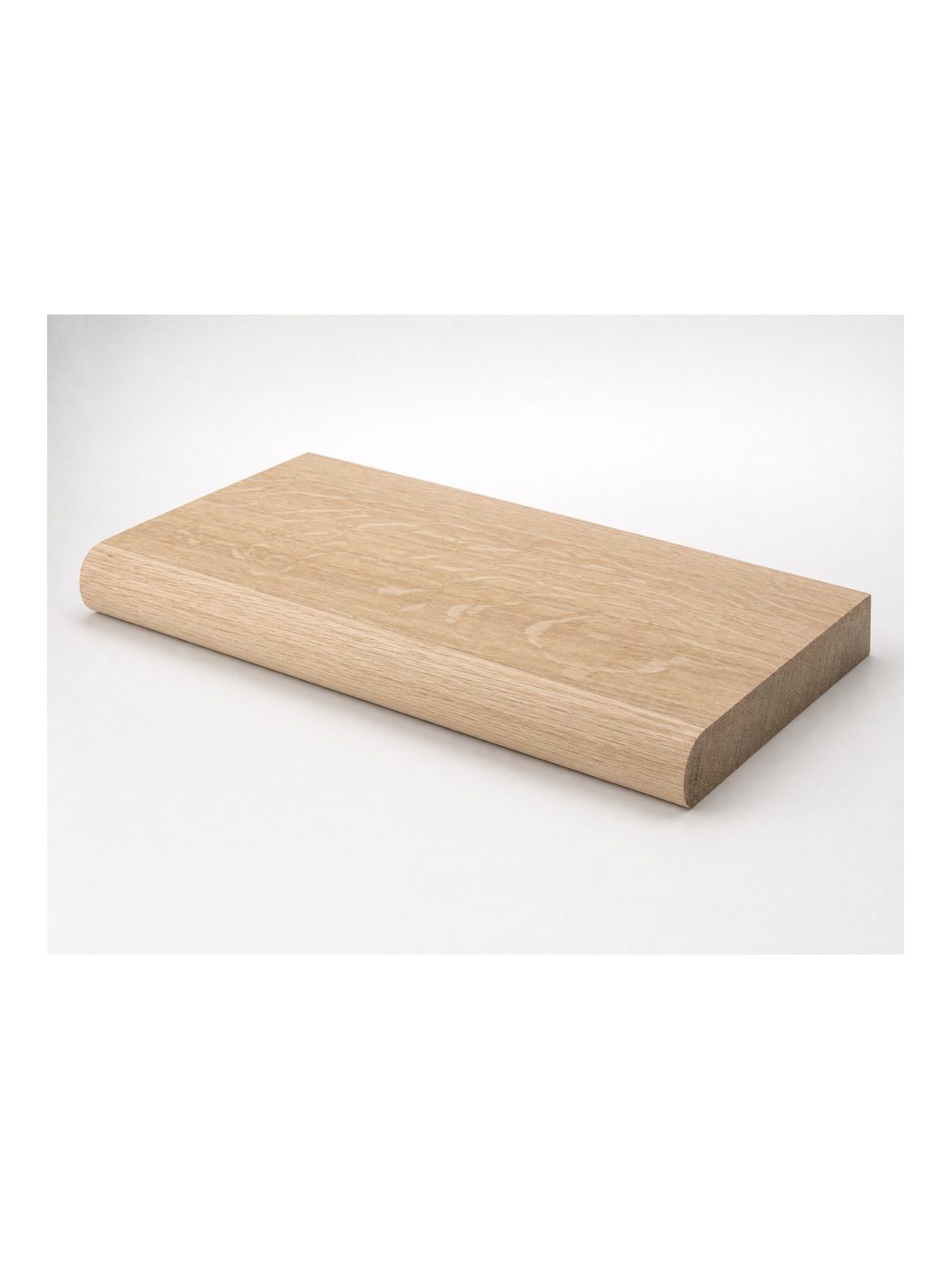 Solid white oak stair tread with a rounded bullnose front edge, unfinished