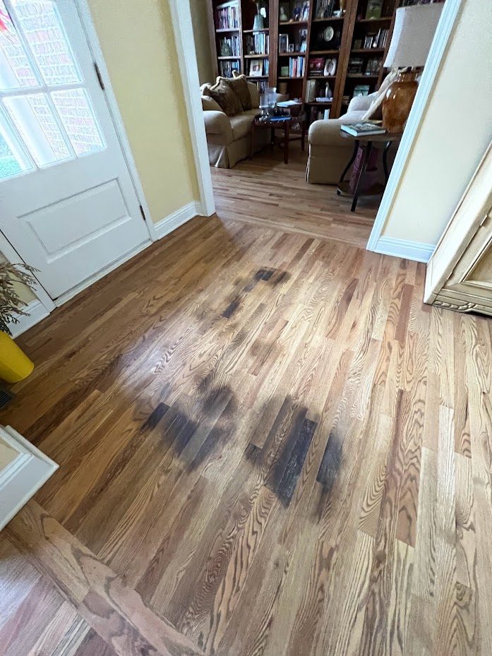 Red oak hardwood floor with black water stains spread across several boards