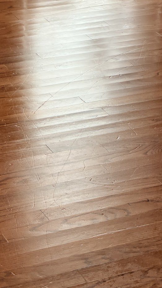 Cupped hardwood boards with raised edges visible in the reflected light